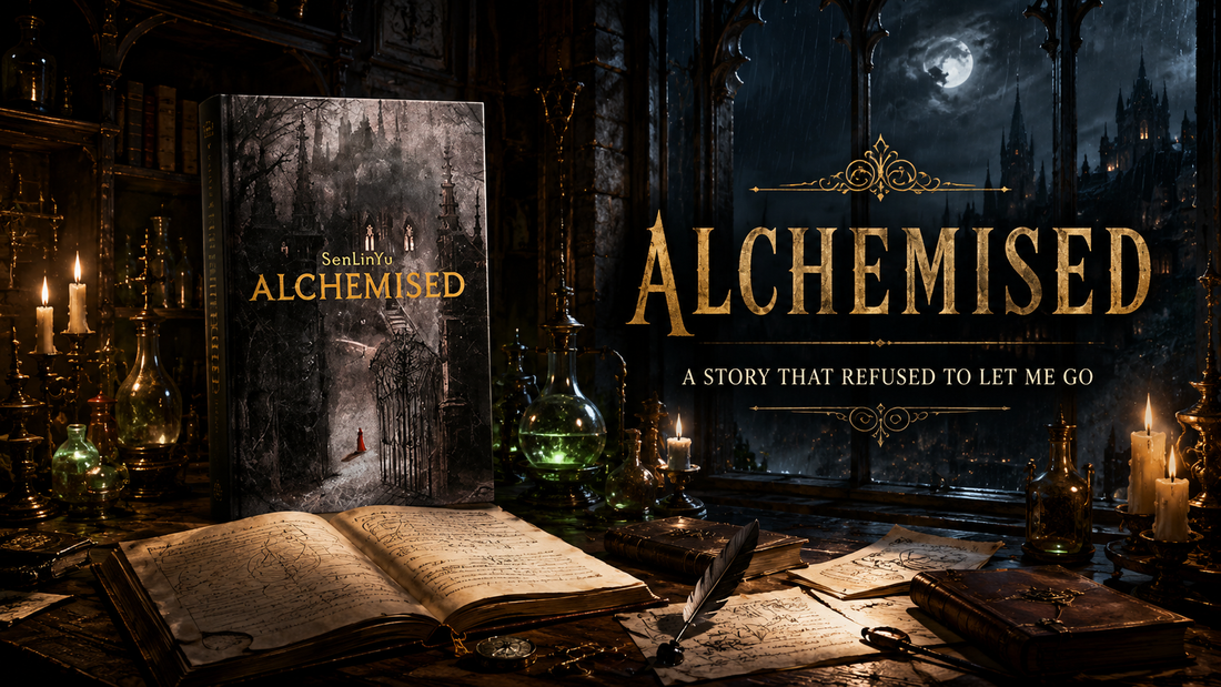 A dark, atmospheric banner image evoking the haunting and mysterious world of Alchemised — shadows, power, and a story that refuses to let go
