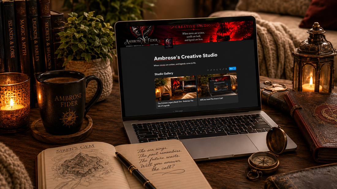Ambrose Fider's creative studio workspace for The Crimson Legacy fantasy series