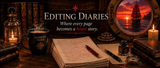 Printed manuscript pages with handwritten editing notes beside a cup of Earl Grey tea on a writer's desk