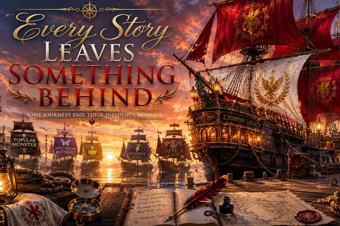 Every Story Leaves Something Behind — a grand tall ship named Crimson Legacy docked at sunset, surrounded by a fleet of ships, with a treasure map and compass in the foreground