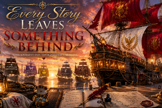Every Story Leaves Something Behind — a grand tall ship named Crimson Legacy docked at sunset, surrounded by a fleet of ships, with a treasure map and compass in the foreground