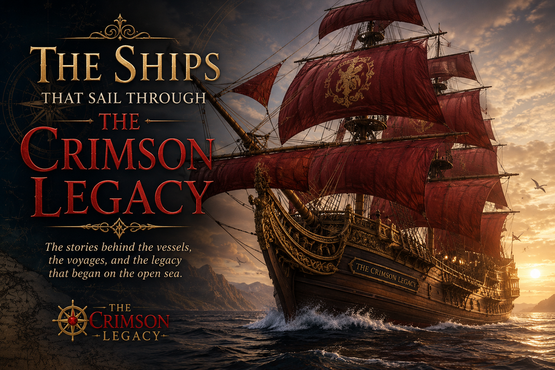 A grand galleon with crimson sails and one white sail of peace sailing on a dramatic fantasy sea at dusk