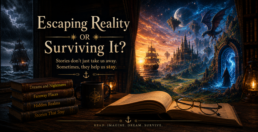 A ethereal, dreamlike banner image contrasting reality and fantasy, evoking the blurred boundary between the world we live in and the worlds we escape to through books and imagination