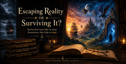 A ethereal, dreamlike banner image contrasting reality and fantasy, evoking the blurred boundary between the world we live in and the worlds we escape to through books and imagination