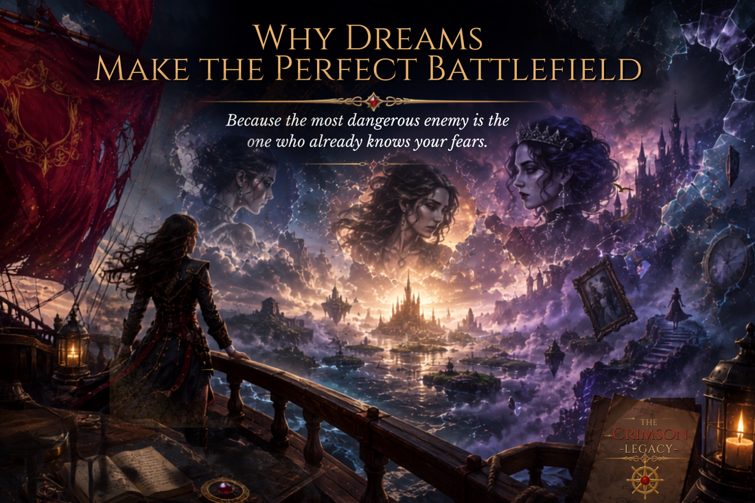 Why Dreams Make the Perfect Battlefield — The Crimson Legacy Book Three. Ambrose stands on a ship's deck gazing into the Dream Realm, with three ethereal women appearing in the stormy purple clouds above.