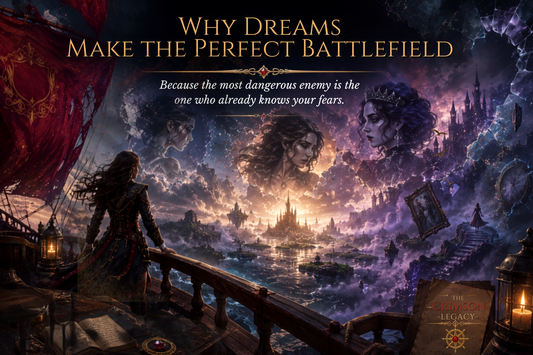 Why Dreams Make the Perfect Battlefield — The Crimson Legacy Book Three. Ambrose stands on a ship's deck gazing into the Dream Realm, with three ethereal women appearing in the stormy purple clouds above.