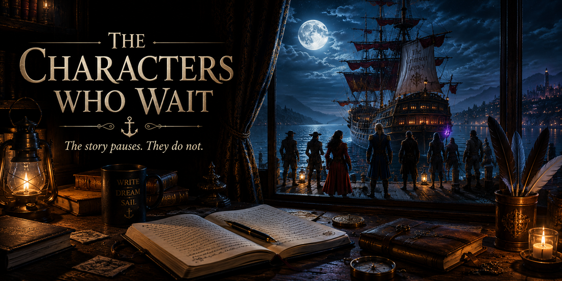 A moody, ethereal banner image evoking characters waiting in the quiet spaces between stories — shadows, stillness, and the promise of another adventure