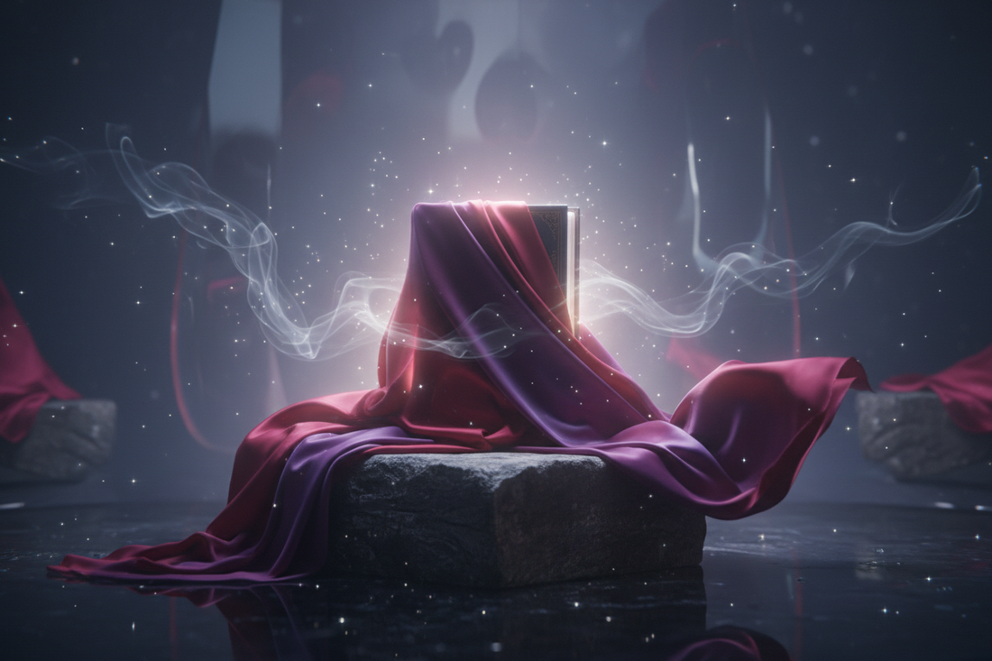 A mysterious draped book teaser for The Dream Realm, Book Three of The Crimson Legacy series by Ambrose Fider