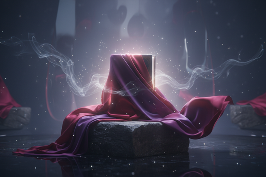 A mysterious draped book teaser for The Dream Realm, Book Three of The Crimson Legacy series by Ambrose Fider