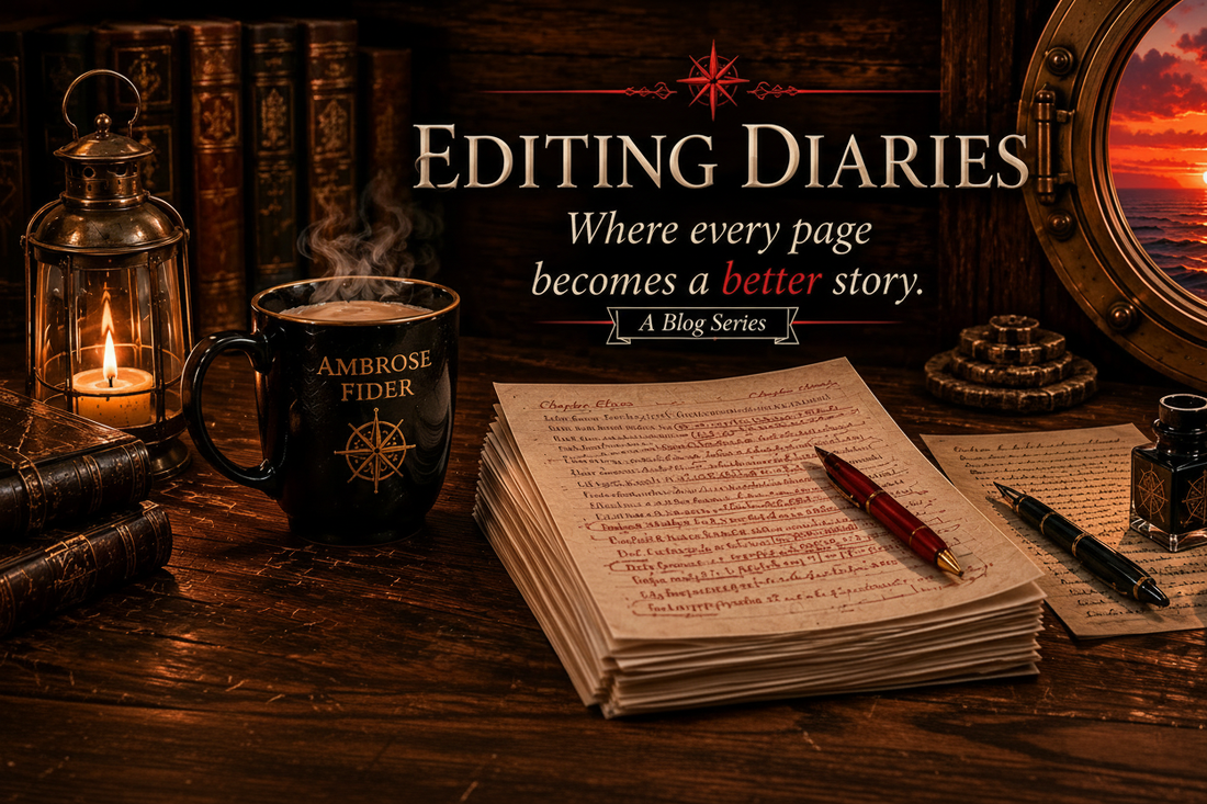 Editing Diaries blog series banner — a moody fantasy writing desk with candles, manuscripts, and a ship at sunset through a porthole