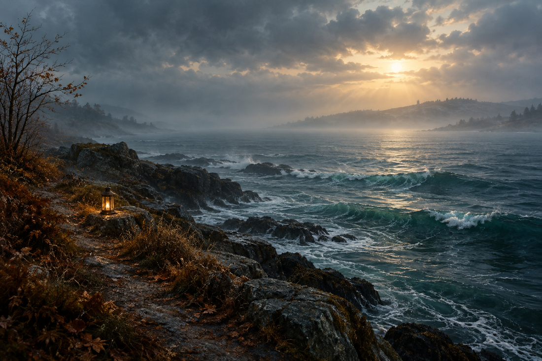 A misty autumn shoreline at dawn with a glowing lantern beside the sea.