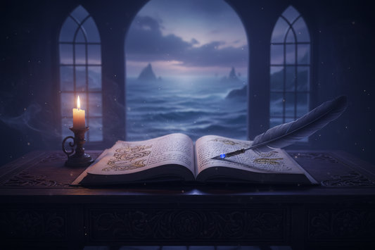 A quill pen resting on an ancient manuscript with warm candlelight and a misty ocean visible through a window