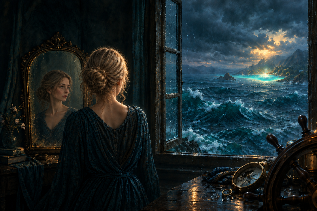 A woman with pearl-blonde hair facing a matching reflection before a stormy sea and distant healing light.