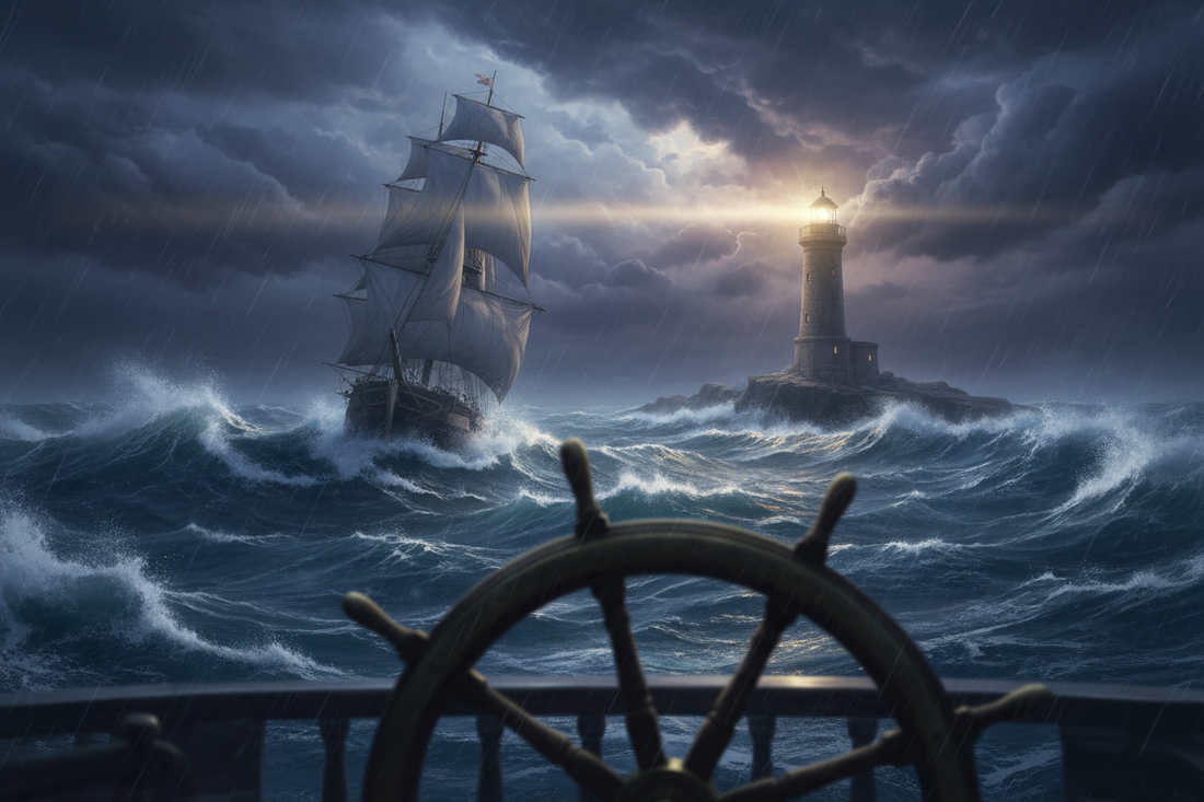 A tall ship navigating stormy seas with a glowing lighthouse in the distance and a ship's wheel in the foreground, set against deep oceanic blues and purples