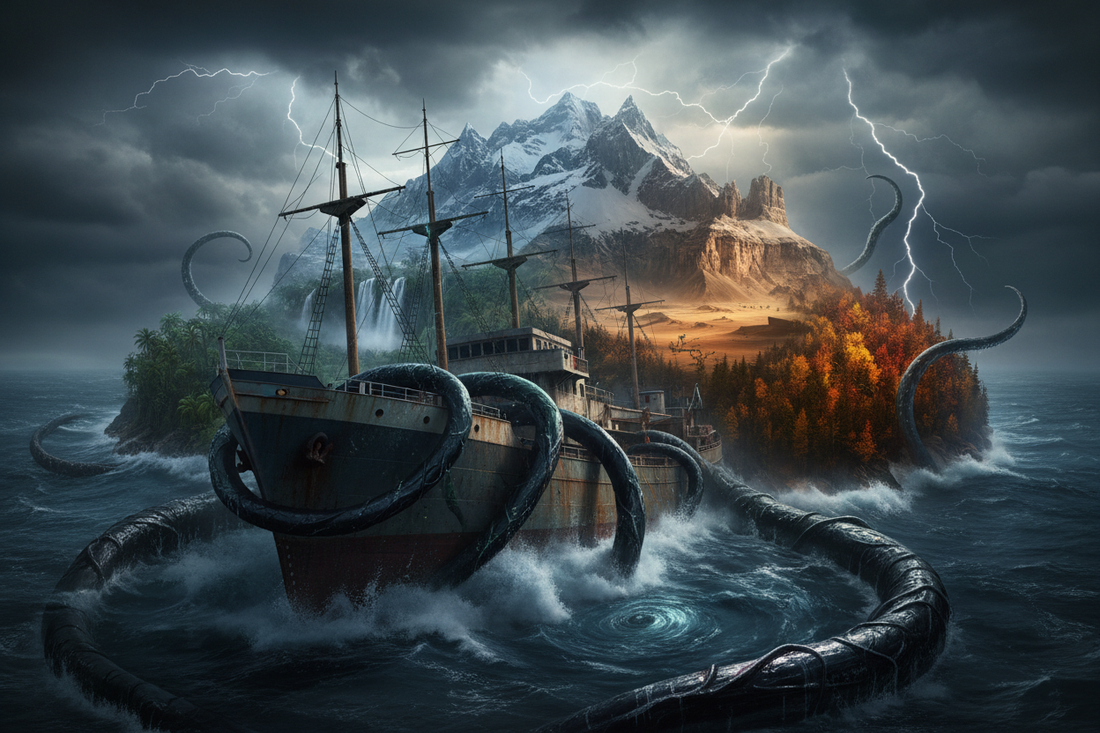 A tramp freighter ship caught in a merciless storm, wrapped in black glistening vine-like tendrils, beside an impossible island bearing every season — a haunting image for The Crimson Legacy series by Ambrose Fider.